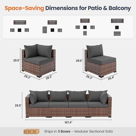 UDPATIO Patio Furniture Set with Fire Pit Table, 5 Piece Outdoor Sectional Sofas, All-Weather Wicker Conversation for Garden, Backyard, Grey