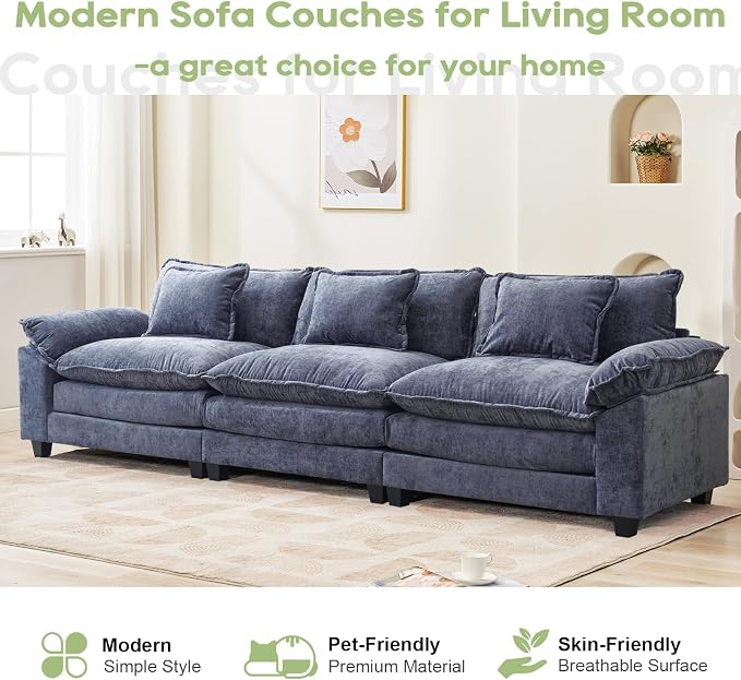 Oprisen 120" Modular Sectional Sofa, Comfy Cloud Couch Sectional, Chenille Sofa Sleeper Deep Seat Sofa with Throw Pillows for Living Room (Blue, 120"- 3 Seater)