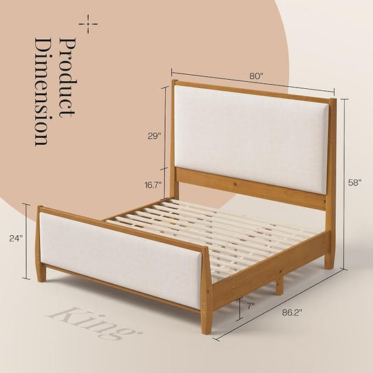 Jocisland 58" Tall Solid Wood King Size Bed Frame with Upholstered Headboard & Footboard, Wooden Platform Bedframe, No Box Spring Needed, Easy Assembly, Modern Farmhouse Style, Walnut