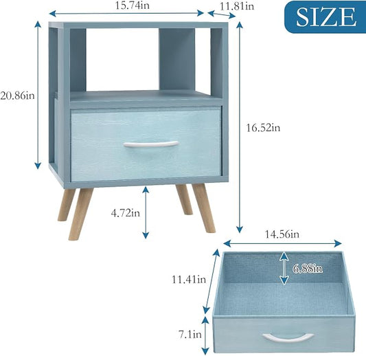 Huhote Kids Nightstand, 2-Tier Night Stand with Drawer, Modern Side Table for Bedroom, Study Room, Small Spaces, Blue