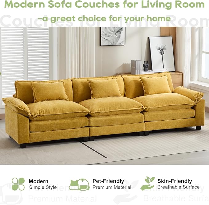 Oprisen 120" Modular Sectional Sofa, Comfy Cloud Couch Sectional Sofa, Chenille Sofa Sleeper Deep Seat Sofa with Throw Pillows for Living Room (Yellow, 120"- 3 Seater)