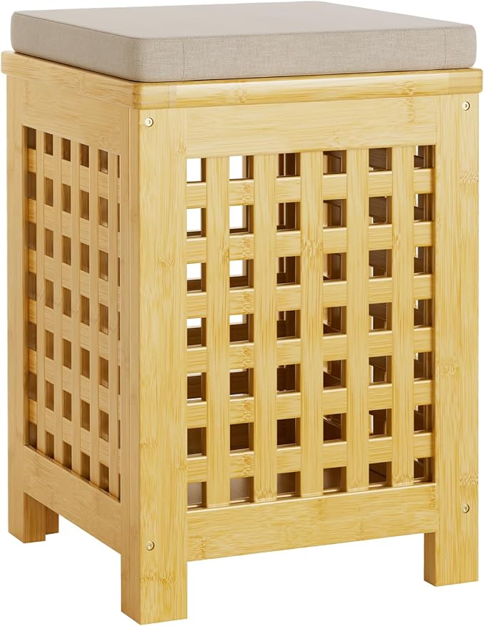 Bamboo End Table with Removable Cushion and Hidden Storage, 2-in-1 Ottoman Side Table with Breathable Grid Design for Small Space, Living Room, Bedroom, Balcony, Entryway