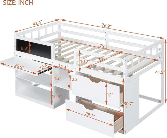 Bellemave Twin Size Low loft Bed for Kids,Wood Loft Beds,Modern Farmhouse Twin loft Bed,Loft Bed with Rolling Desk and Storage, Shelf and Drawers No Box Spring Needed,for Kids, White