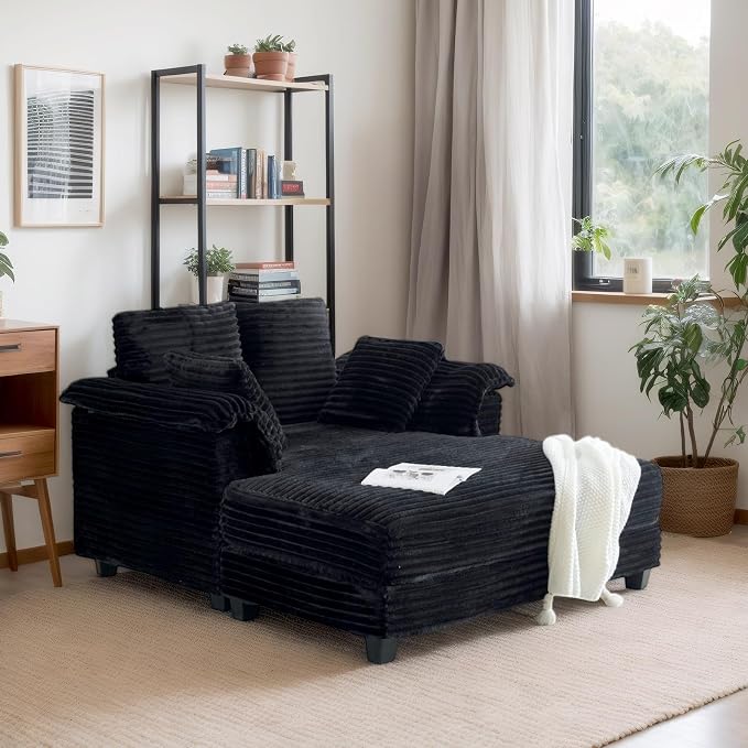 VINGLI 56" Oversized Chaise Lounge Chair, Black Comfy Corduroy Chaise Sofa Recliner Bed Upholstered Sleeper Couch Bed with Throw Pillows and Armrests for Living Room, Movie Room, Bedroom