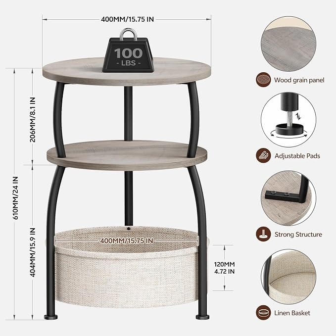 Round Side Table with Storage Basket, End Table Living Room, Greige | Round End Table, Small Bedside Table for Bedroom, 3 Tiers, Sofa Couch Side Table, Linen Storage, Greige 15.75in
