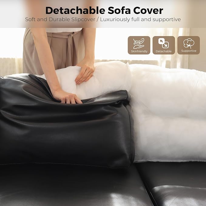 ABCASA 91.5" Faux Leather Luxury Modular Sleeper Sofa Bed with Storage Seat, 6 Seat Sectional Couch Deep Seat with Reversible Chaises & Removable Cover for Living Room - Black