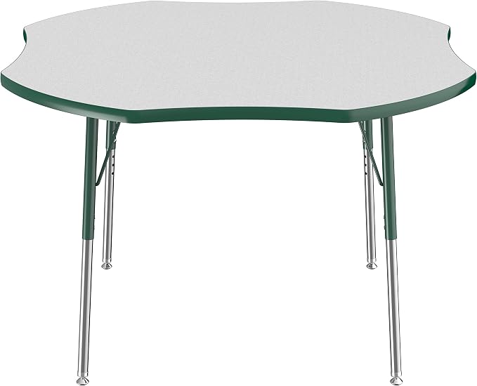FDP Clover Activity School and Office Table (48 x 48 inch), Standard Legs with Swivel Glides for Collaborative Seating Environments, Adjustable Height 19-30 inches - Gray Top and Green Edge