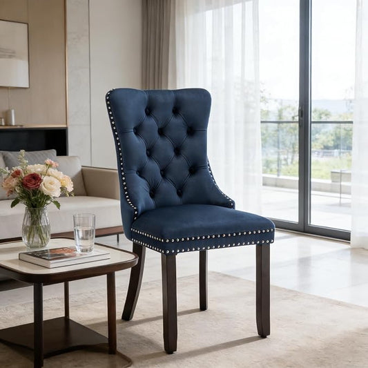 Single Dining Chair Mid Century Modern Dining Chair Velvet Upholstered Dining Room Chair Farmhouse Dining Accent Chair with High Back and Nailhead Trim for Kitchen, Living Room, Bedroom (Blue)