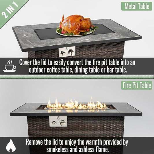 GDFStudio 44" Propane Fire Pit Table 50000 BTU Outdoor Gas Firepit with Ceramic Tile Top & Wicker Base Rectangular Fire Table with Wind Guard Lid & Cover for Patio Deck Garden, Grey Top & Brown Frame