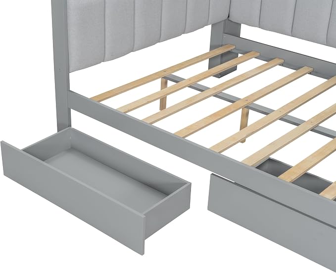 Bellemave Full Size Upholstered Daybed with Desk and Drawers and USB/LED Belt, Corner Bed with Trundle, L-Shape daybed for Bedroom Living Room, Gray(Linen)
