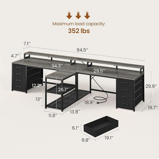 SEDETA 94.5" 2 Person Gaming Desk, Long Office Computer Desk with 8 Drawers & LED Lights, Two Person Desk with Storage, Power Strip & Monitor Stand for Home Office, Grey