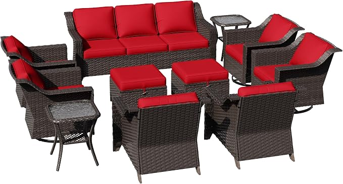 11 Pieces Patio Conversation Furniture Set - 1 Sofa, 2 Ottoman, 2 Armchairs, 4 Swivel Chairs, 2 Side Tables, Outdoor Wicker Furniture with Removable Cushions for Porch, Sunroom (Red)