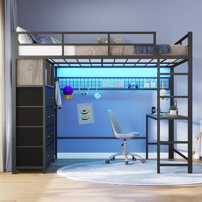ADORNEVE Loft Bed Full Size with Desk and 8 Storage Drawers, LED Metal Loft Bed with Power Outlet, 2 Shelves & Clothing Rack, Bed with Safety Guardrail & Ladder,Space-Saving, Grey