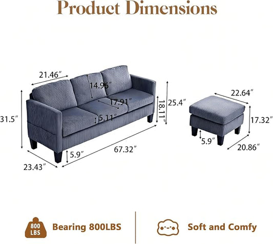 67'' L-Shaped Velvet Modular Sectional Couch Sofa with Ottoman, 3-Seat Convertible Cloud Deep Seat Sofa Couches for Living Room Bedroom Apartment, Cozy Chaise Lounge Sofas (Gray)