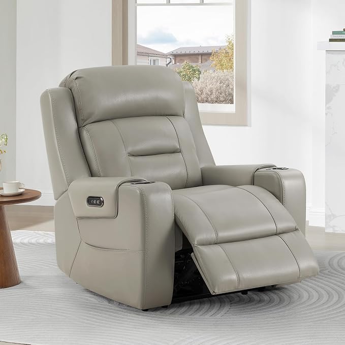 Watson & Whitely Oversized Genuine Leather Power Recliner Chairs for Big and Tall, Extra Wide Lay Flat Recliner with Power Headrest & Cup Holders, Electric Reclining Sofa for Living Room, Grey