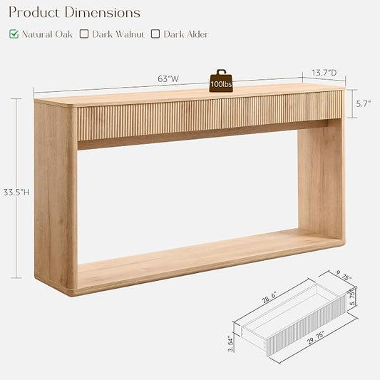 OKD 63" Fluted Console Table for Entryway, Modern Entryway Table with 2 Large Drawers, Long Sofa Table Behind Couch for Living Room, Hallway, Couch, Foyer,Natural Oak