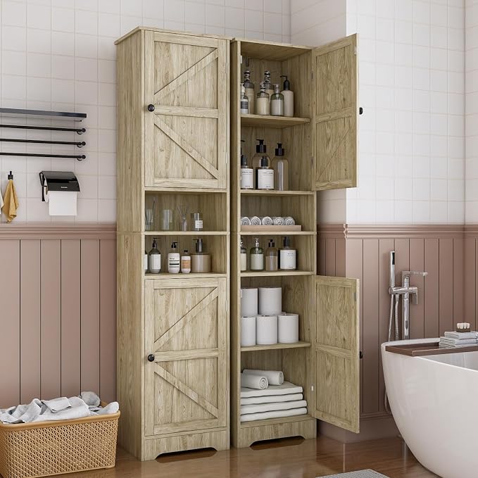 Viaozutis Tall Bathroom Storage Cabinet, Slim Freestanding Cabinet with Adjustable Shelves, Vertical Storage Organizer for Small Bathrooms, Toilet Paper & Daily Essentials Storage Gray