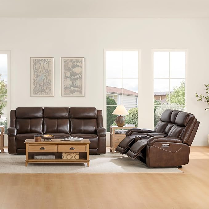 Watson & Whitely Genuine Leather Power Recliner Sofa, 3 Seater Wall Hugger Reclining Sofas with Power Headrest, USB & TypeC Ports, Electric Recliner Couch Set for Living Room, Dark Brown