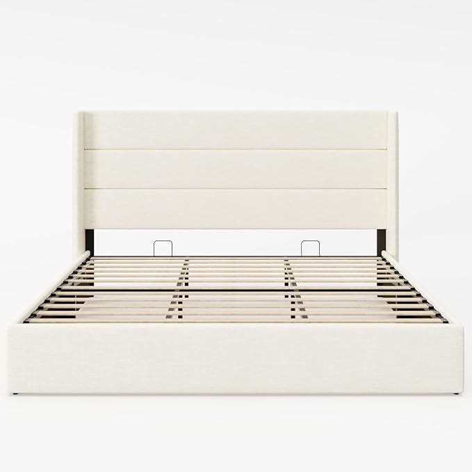 Allewie King Size Lift Up Storage Bed, Chenille Fabric Upholstered, Modern Wingback Headboard, Hydraulic Support, No Box Spring Needed, Cream White
