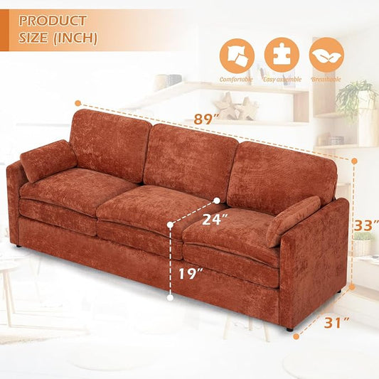 89” Chenille Sofa w/Arm Pillows, Upholstered 3-Seater Sofa w/Comfortable Back Cushions, Modern 3 Seats Couch w/High-Density Foam for Living Room, Apartment, Office, Orange