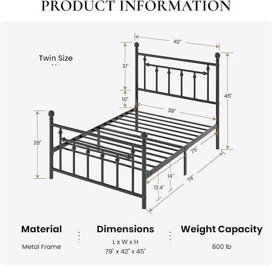SHA CERLIN 14" Twin Size Metal Platform Bed Frame/Victorian Headboard and Footboard/Steel Slats Mattress Foundation for Storage/No Box Spring Needed/Noise Free/Black