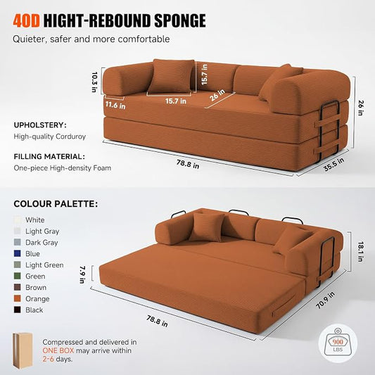79" Convertible Sleeper Sofa Bed, Corduroy Boneless Fold-Out Couch in a Box, 4-in-1 Loveseat/Futon Couch, High-Density Foam, No Assembly, Side Pockets, 2 Pillows for Small Spaces, Orange
