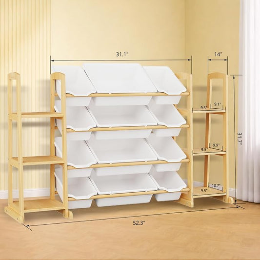 Toy Storage Organizer with Bookshelf – Wooden Toy Organizer with 12 Toy Bins & 6 Tier Bookcase,Quick Assembly Kids Bookshelf,Toy Bin for Playroom, Bedroom, Nursery– White