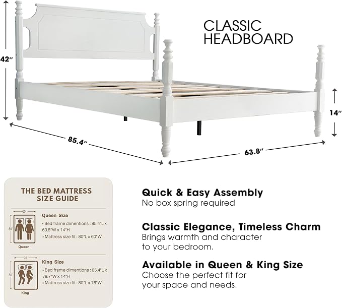 Solid Wood Queen Size Platform Frame, Headboard & Footboard, No Box Spring Needed, 12 Wooden Slats, Center Metal Legs, Slip-Free, Simple Assembly, Under Bed Storage, Pure White Finish, ROQ-39
