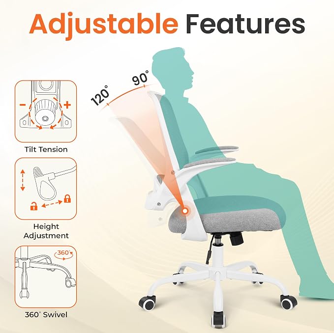 NEO CHAIR Office Chair Computer Desk Chair Ergonomic Gaming Comfy Mesh with Flip-up Arms Lumbar Support Adjustable Height Rolling Wheels for Home Office (Grey)