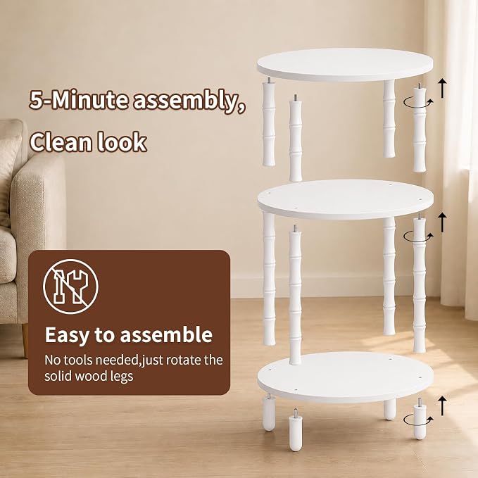 Side Table, 3-Tier Oval Accent Small End Table, Modern Oval Nightstand Accent Table for Small Space, Bedrooms, Living Room, Easy to Assemble, White