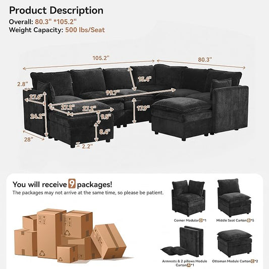 105" Black Modular Storage Sofa, U Shaped Chenille Couch with 2 Ottomans | Oversized Convertible Sectional Sofa, 6-Seat Sectional Couch With 2 Ottomans, Large Cloud Couch For Living Room, Apartment.