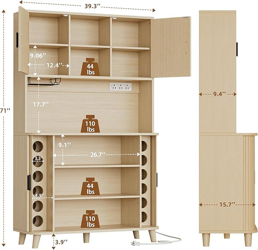 Lulive 71" Tall Pantry Cabinet with Rolling & Sliding Doors, 39" Wide Kitchen Storage Cabinet with Charging Station and Open Countertop, Modern Kitchen Pantry Cabinet for Dining Room, Natrual
