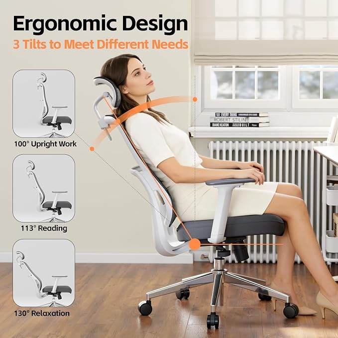 Ergonomic Office Chair, Home Office Desk Chairs, 3D Lumbar Support High Back Desk Chair, Comfortable Computer Chair & Gaming Chair for Office & Home - Silver