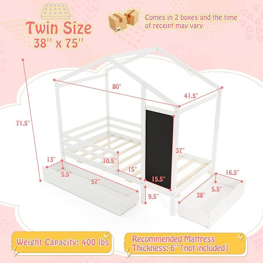 Giantex Twin Bed with 2 Storage Drawers, Solid Wood House Bed with Blackboard & Safety Guardrails, Twin House Bed w/Slats Support, No Box Spring Needed, Twin Bed Frames for Kids Girls Boys (White)