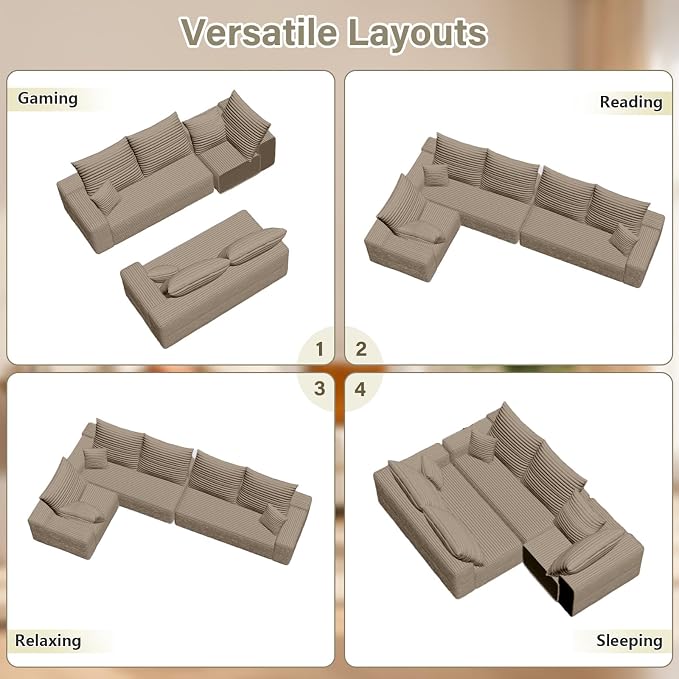 Sectional Cloud Couch for Living Room, Modern Modular Floor Deep-Seat Sofa, Upholstered L Shaped Sofas, Big Comfy Corduroy Couches Set for Living Room Bedroom, No Assembly Required, Camel