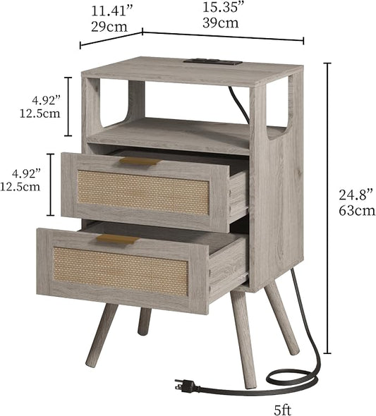 JOONEE Rattan Nightstand with Charging Station,Farmhouse Bedside Table with 2 Storage Drawer and Open Wood Shelf, for Bedroom and Small Spaces,Night Stand with Solid Wood Legs (Grey Oak-Outlet)