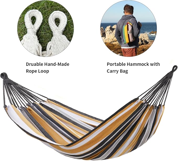 CHULIM Brazilian Double Hammock with Tree Straps,Extra Large 94x63IN,2 Persons Hammock for Backyard Patio Outdoor and Indoor,450lbs Weight Capacity,Soft Woven Cotton Fabric - Coffee Stripe