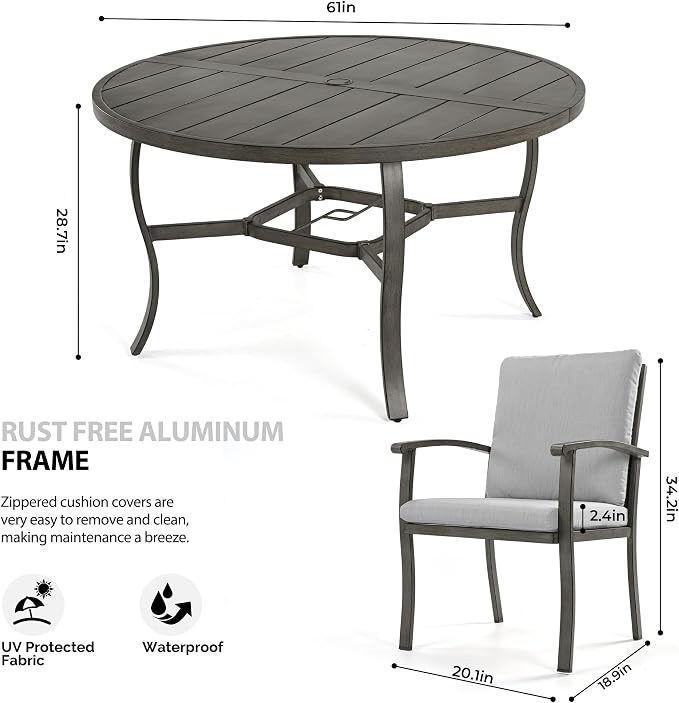HAPPATIO Patio Dining Set, Aluminum Round Outdoor Dining Set for 8, 61" Round Dining Table with Umbrella Hole and 8 Chairs, Outdoor Table and Chairs with Removable Cushion for Lawn Yard Patio