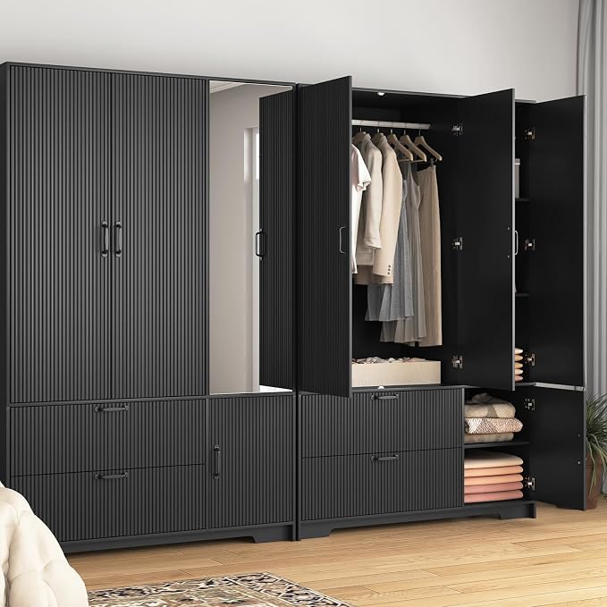 Black Fluted Wardrobe Closet with Mirror and Light, 3-Door Armoire Wardrobe with 2 Drawers, Hanging Rod, Shelves, Freestanding Bedroom Storage Cabinet