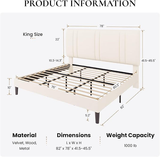 SHA CERLIN King Size Platform Bed Frame, Velvet Upholstered Bed with Adjustable Headboard, Vertical Channel Tufted Design, Sturdy Wood Slat Support, No Box Spring Needed, Easy Assembly, Cream White