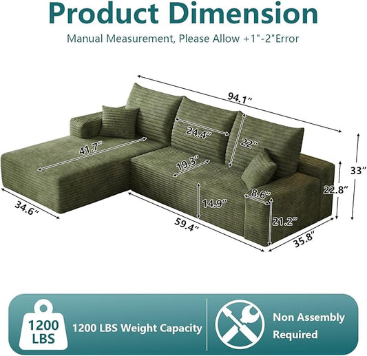 95" Modular Sectional Couch, Boneless L Shaped Cloud Sofa with Chaise Lounge, Corduroy Upholstered Couches Memory Foam Deep Seat, No Assembly Required, Ideal for Living Room(Green, Left Facing)