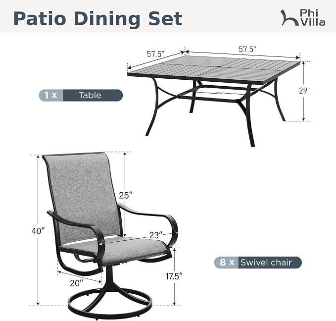 PHI VILLA Outdoor Dining Set for 8, Swivel Mesh Chairs & Square Table, Grey | Textilene chairs and large 57.5'' metal table with umbrella hole. All-weather patio furniture set designed for patio, deck