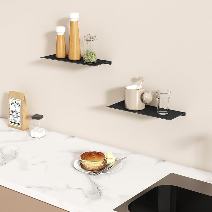 MKO 2 Pack 12" Floating Shelves for Wall, Metal Wall Mounted Shelf for Bathroom, Bedroom, Living Room, Kitchen, Little Hanging Shelves for Books/Storage/Room Decor, Black
