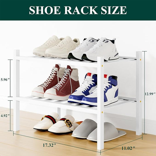 Smiry Small Bamboo Shoe Rack, 2 Tier Free Standing Wooden Shoe Organizer, Stackable Wood Shoe Storage Shelf for Closet, Entryway, 12 Vertical Slats, One-piece Standard Legs, 17.3"x11"x13", White