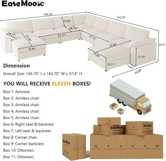 EASE MOOSE Oversized Sectional Modular Sofa,Comfty U Shape Sectional Modern Deep Seat Couch Modular Cloud Couch,White