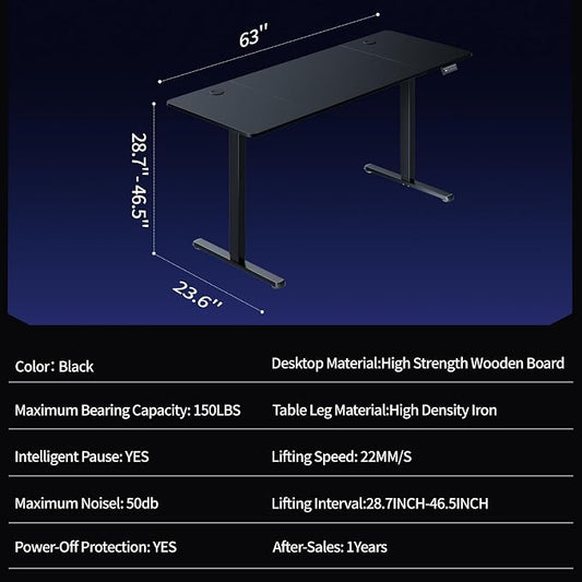 Shintenchi Standing Desk, 63x24 Inch Height Adjustable Electric Sit Stand up Desk, Ergonomic Rising Computer Table, Modern Lift Gaming Desk Workstation for Home Office, White