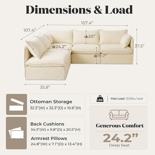 Cloud Modular Corner Sectional, Oversized Deep Seat Comfort, Luxe Chenille | Fully Removable Washable Covers, Memory Foam Seat Cushions, Premium Fabric