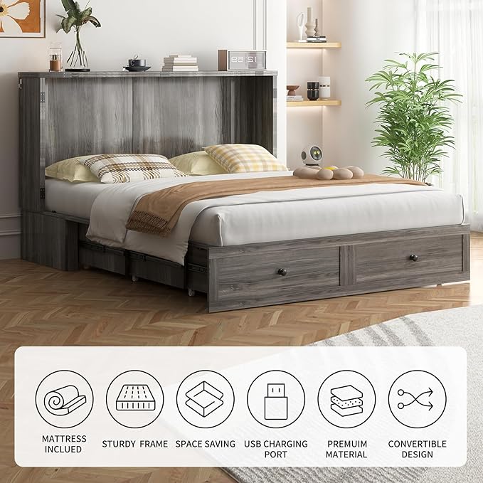 ijuicy Queen Cube Murphy Bed, Charge & Storage, No Mattress,Grey | Space-saving hideaway foldable design, practical temporary sleeping bed for guest room & small space use