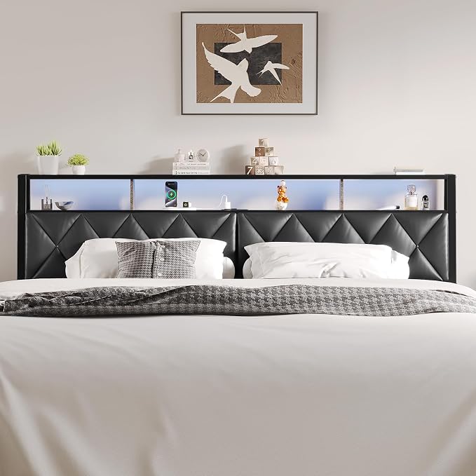 Queen Headboard Only, Headboard for Queen Size Bed with Storage, Upholstered Headboards with LED Lights & Charging Station, Attach Frame, Ideal for Bedroom/Dorm/Guest Room, Black, Faux Leather