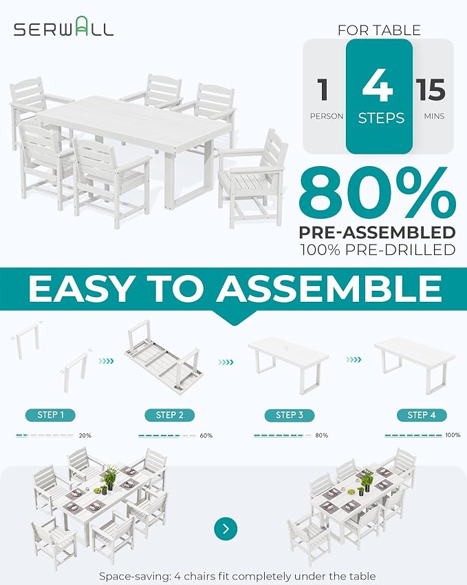 SERWALL HDPE Outdoor Dining Set for 6, 67'' Patio Table and Chairs Set | with Armchair Seat